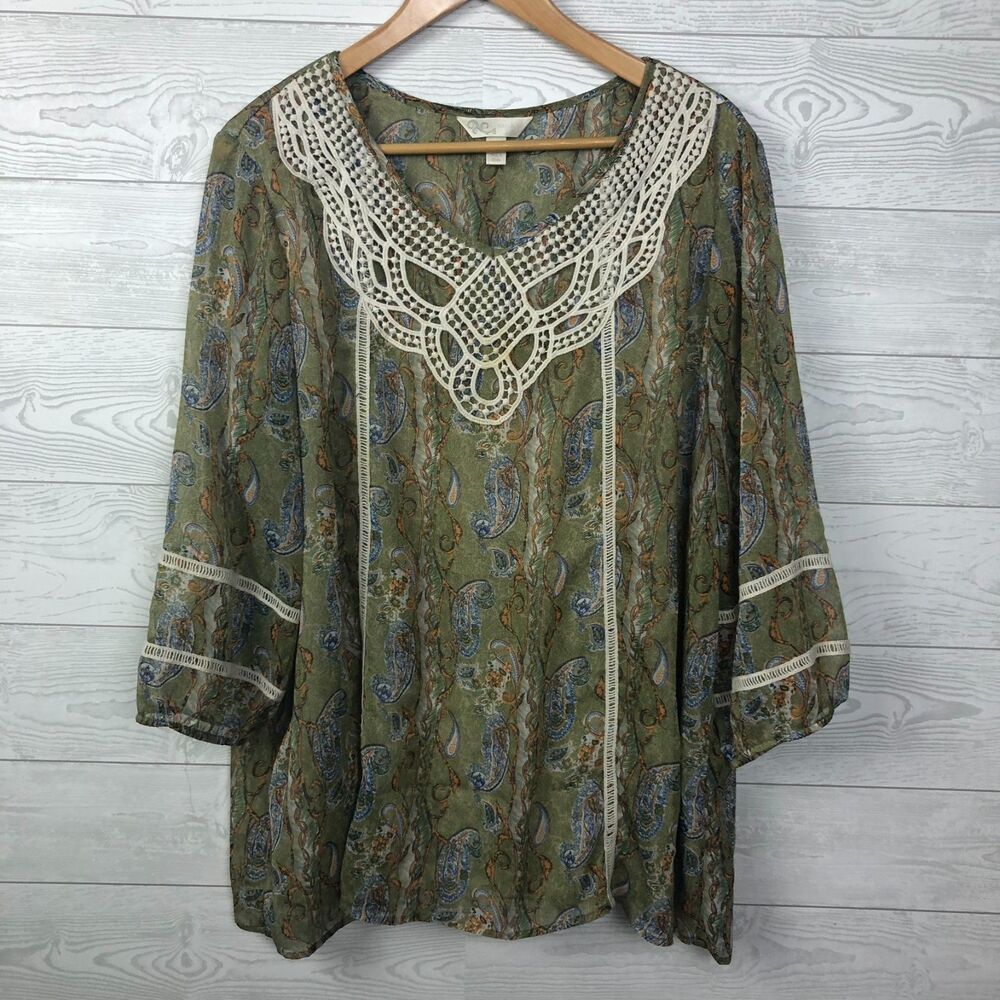 Krazy Kat Women's XXL Printed V Neck Blouse Embroidered 3/4 Sleeve Green Shirt